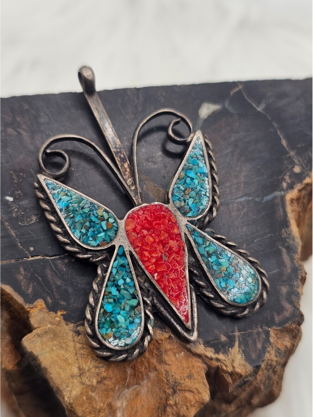 Vintage Sterling Silver Turquoise Coral Chip Inlay Butterfly